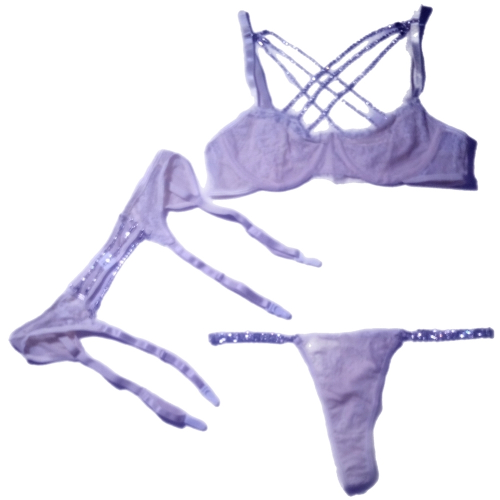 Women's Sexy Exotic Lace & Rhinestone 3pc Lingerie Set